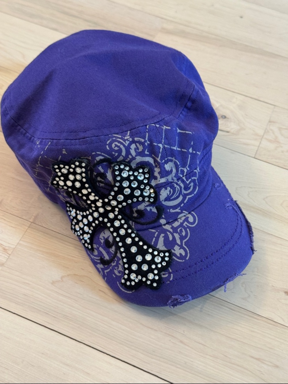 Y2K Purple rhinestone cross-embellished military cadet cap-Leader